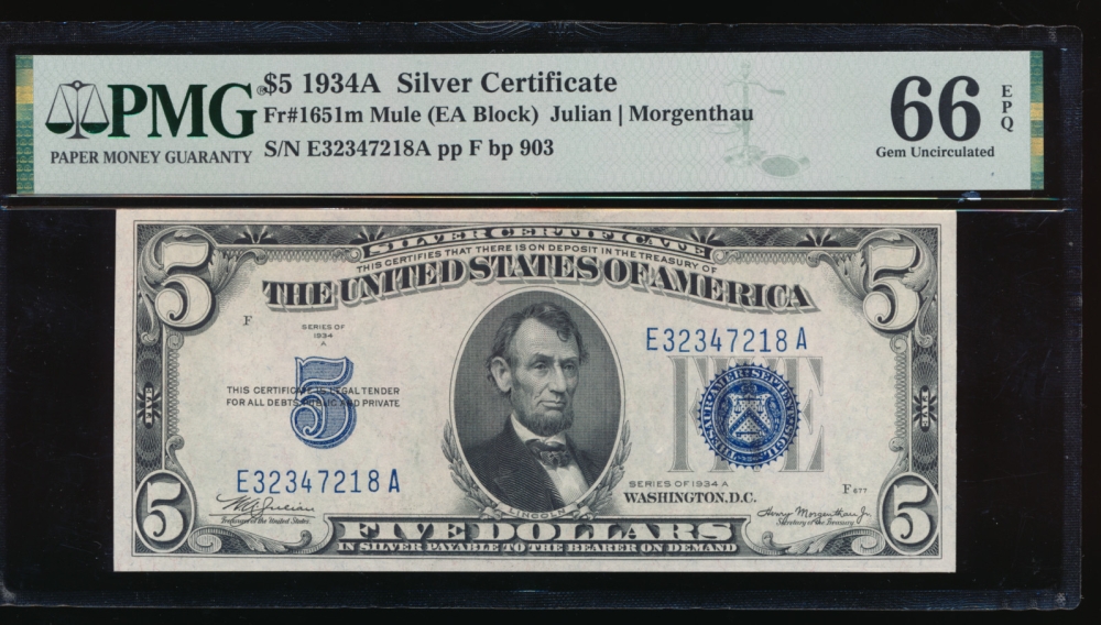 Fr. 1651 1934A $5  Silver Certificate EA block, mule PMG 66EPQ E32347218A