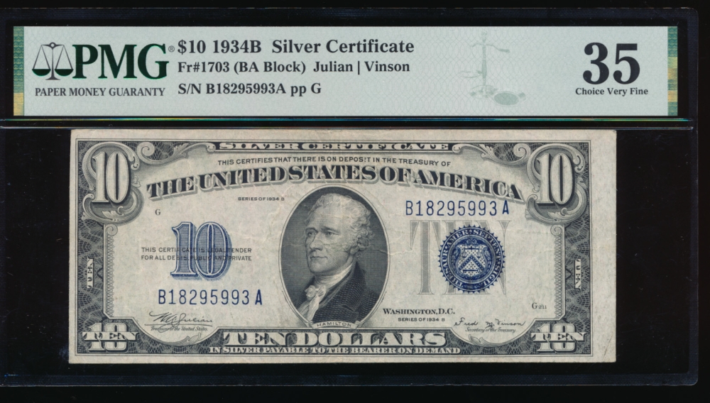 Fr. 1703 1934B $10  Silver Certificate BA block PMG 35 B18295993A