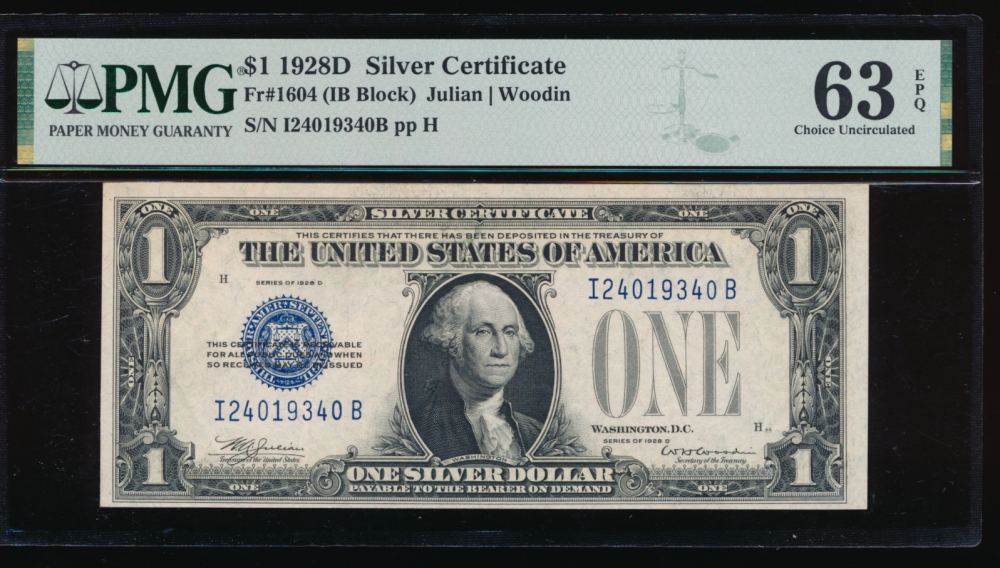 Fr. 1604 1928D $1  Silver Certificate IB block PMG 63EPQ I24019340B