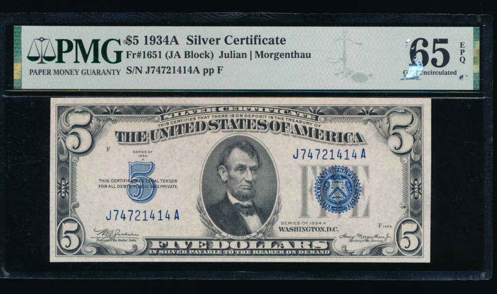 Fr. 1651 1934A $5  Silver Certificate JA block PMG 65EPQ J74721414A