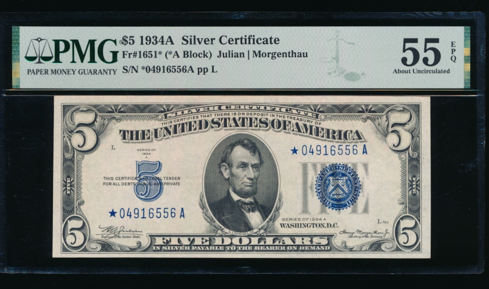 Fr. 1651 1934A $5  Silver Certificate *A block PMG 55EPQ *04916556A