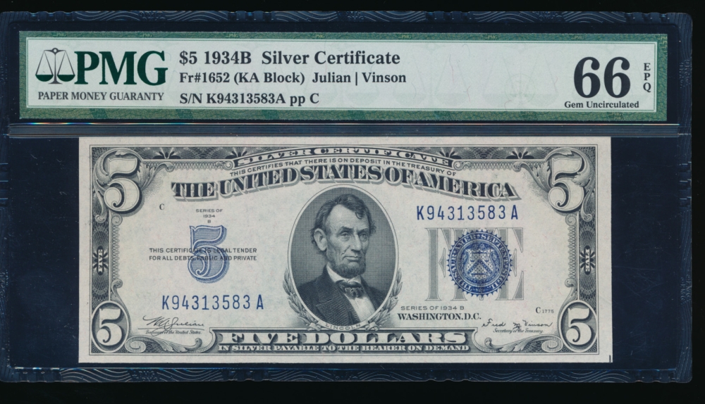Fr. 1652 1934B $5  Silver Certificate KA block PMG 66EPQ K94313583A