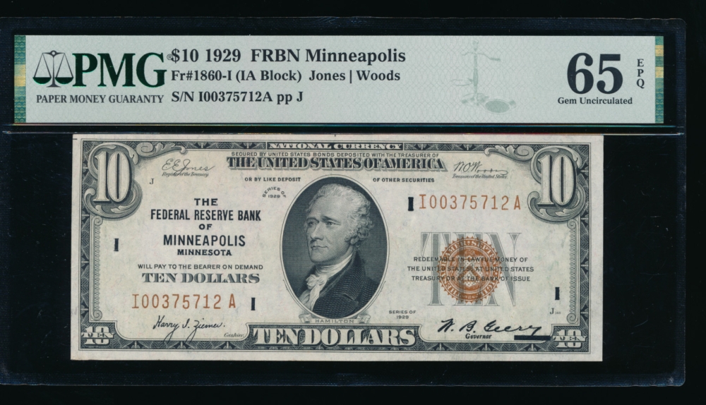 Fr. 1860-I 1929 $10  FRBN Minneapolis PMG 65EPQ I00375712A