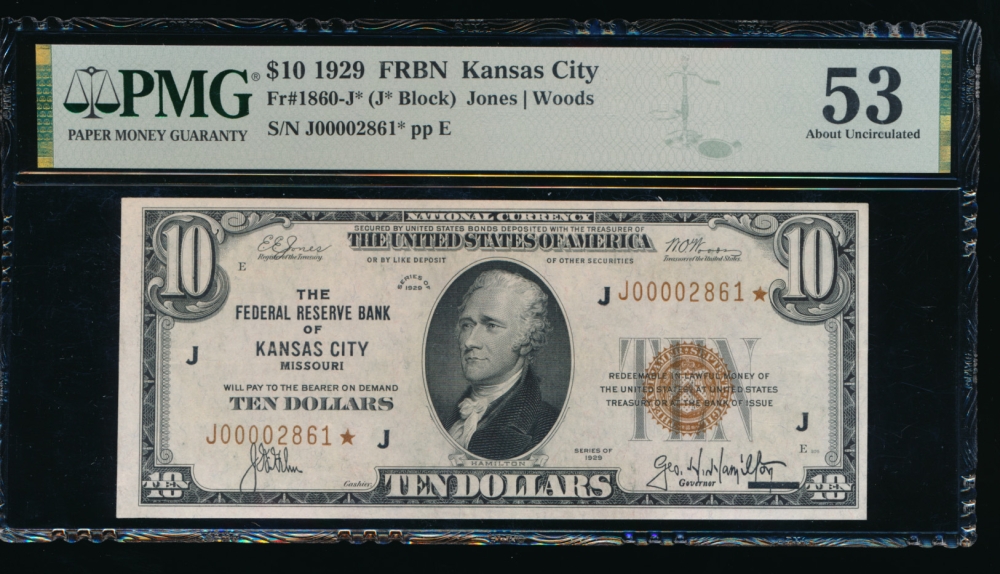 Fr. 1860-J 1929 $10  FRBN Kansas City star PMG 53 J00002861*