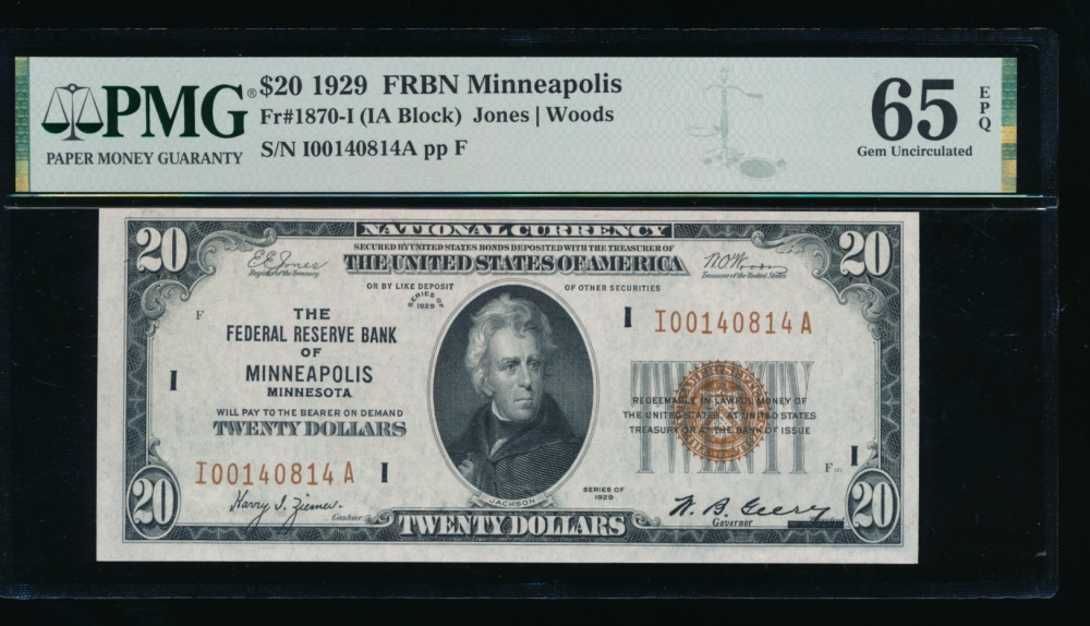 Fr. 1870-I 1929 $20  FRBN Minneapolis PMG 65EPQ I00140814A