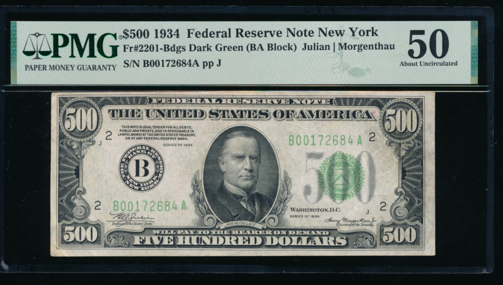 Fr. 2201-B 1934 $500  Federal Reserve Note New York PMG 50 comment B00172684A