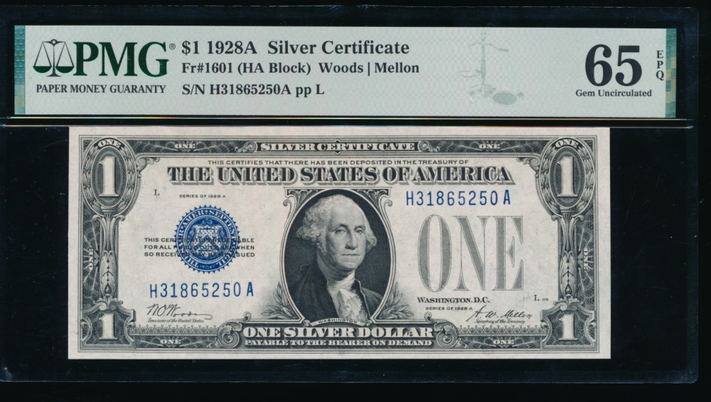 Fr. 1601 1928A $1  Silver Certificate HA block PMG 65EPQ H31865250A