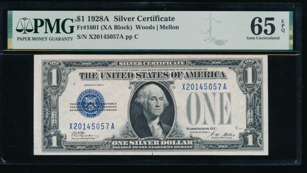 Fr. 1601 1928A $1  Silver Certificate XA block PMG 65EPQ X20145057A