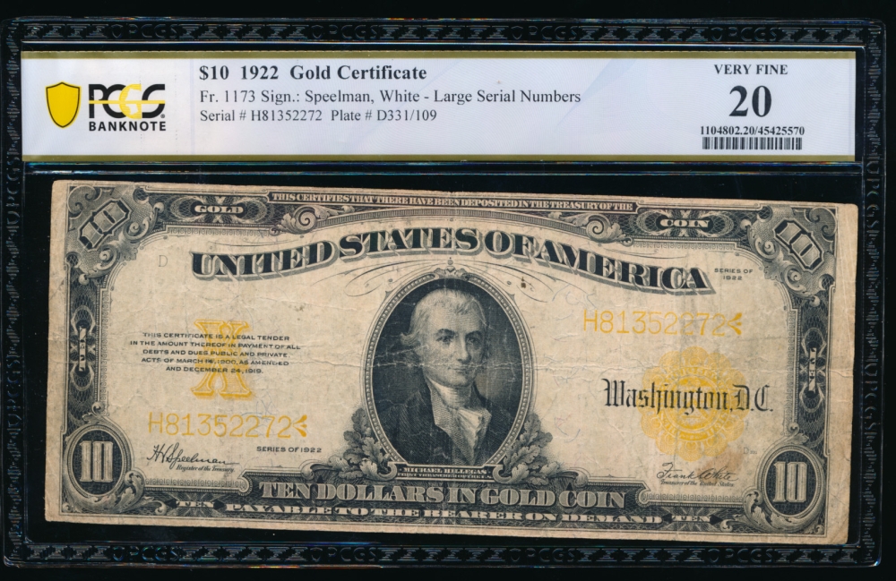 Fr. 1173 1922 $10  Gold Certificate  PCGS 20 H81352272