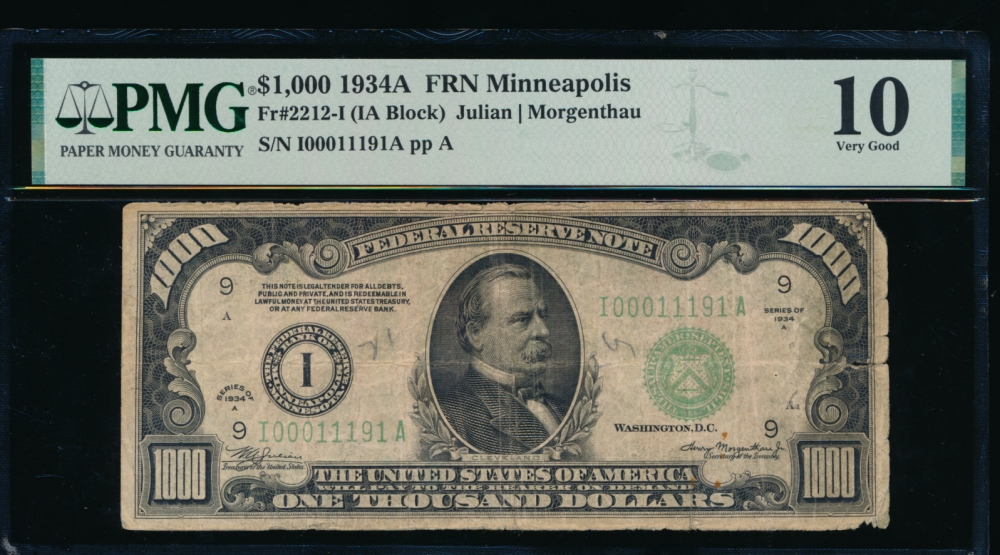 Fr. 2212-I 1934A $1,000  Federal Reserve Note Minneapolis PMG 10 I00011191A obverse