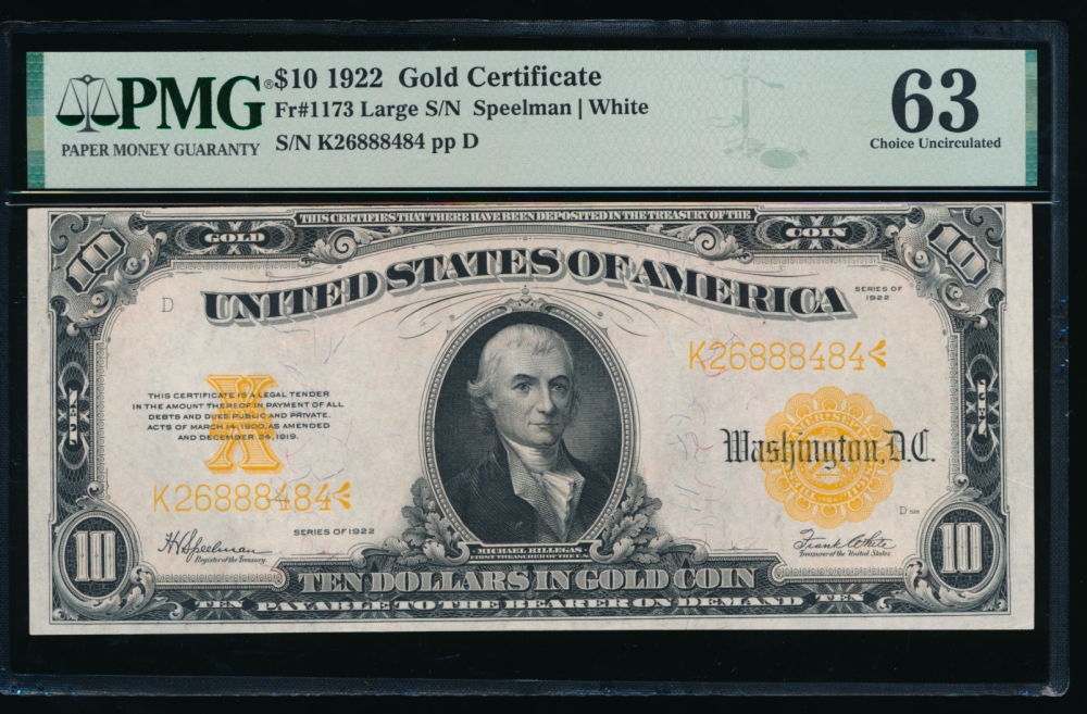 Fr. 1173 1922 $10  Gold Certificate  PMG 63 K26888484