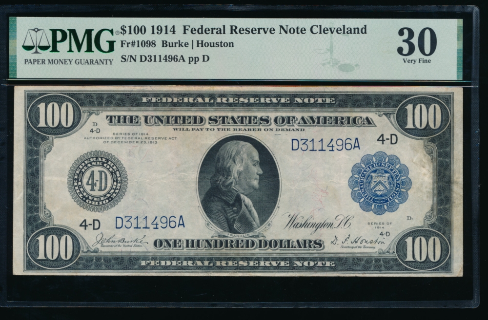 Fr. 1098 1914 $100  Federal Reserve Note Cleveland PMG 30 D311496A