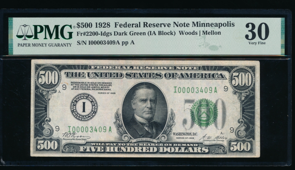 Fr. 2200-I 1928 $500  Federal Reserve Note Minneapolis PMG 30 comment I00003409A