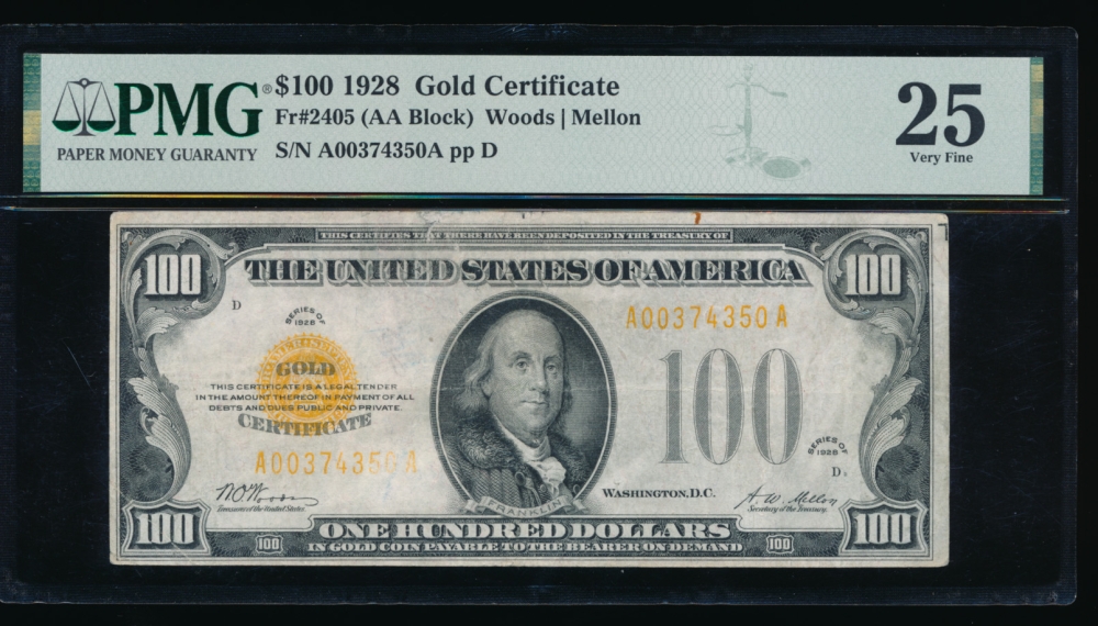 Fr. 2405 1928 $100  Gold Certificate  PMG 25 comment A00374350A