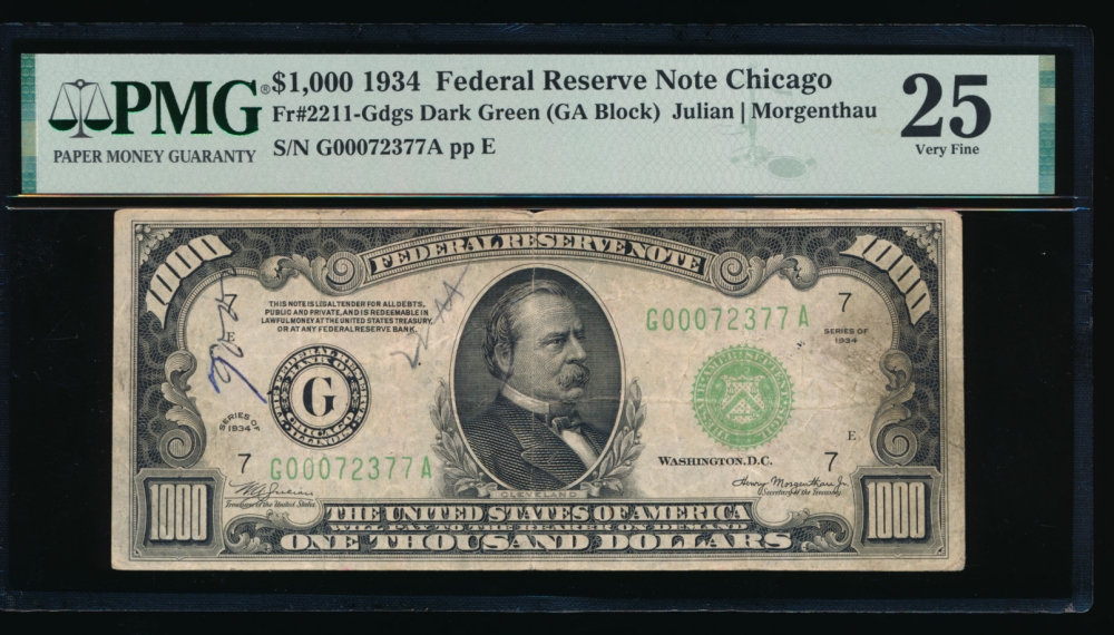 Fr. 2211-G 1934 $1,000  Federal Reserve Note Chicago PMG 25 comment G00072377A obverse