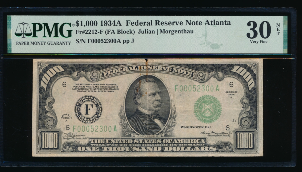 Fr. 2212-F 1934A $1,000  Federal Reserve Note Atlanta PMG 30NET F00052300A