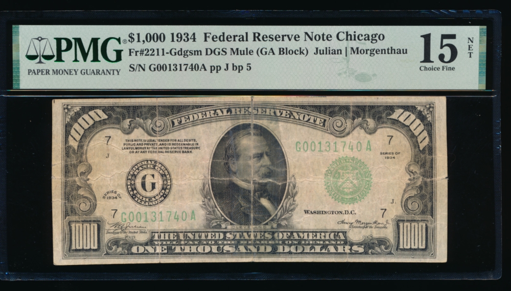 Fr. 2211-G 1934 $1,000  Federal Reserve Note Chicago PMG 15NET G00131740A