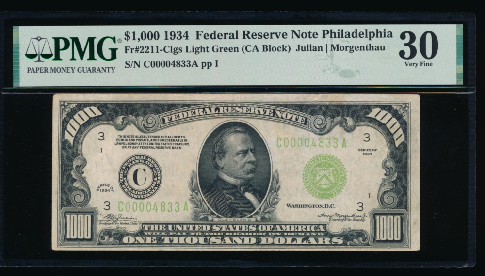 Fr. 2211-C 1934 $1,000  Federal Reserve Note Philadelphia LGS PMG 30 comment C00004833A