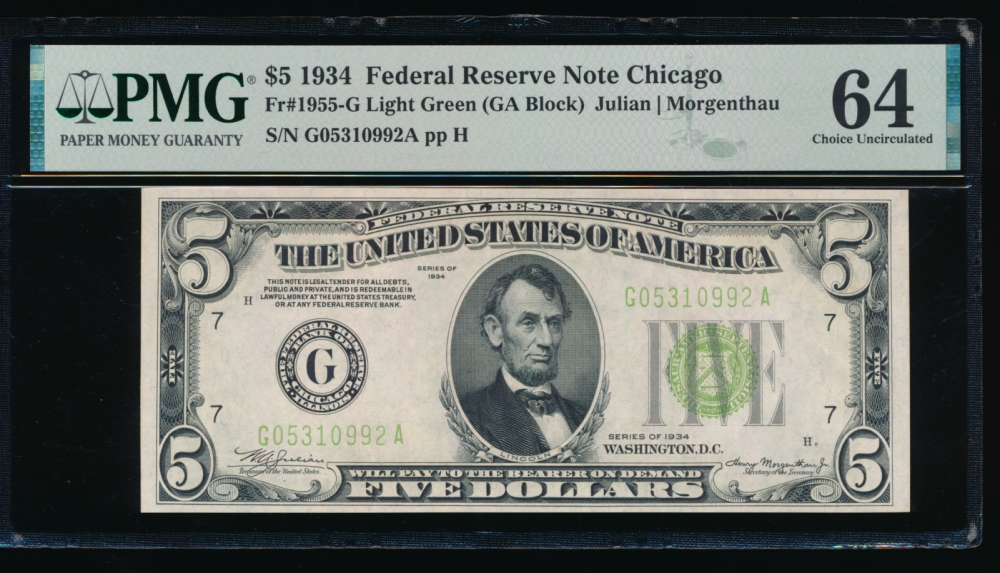 Fr. 1955-G 1934 $5  Federal Reserve Note Chicago LGS PMG 64 G05310992A
