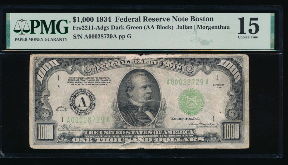 Fr. 2211-A 1934 $1,000  Federal Reserve Note Boston PMG 15 comment A00028729A
