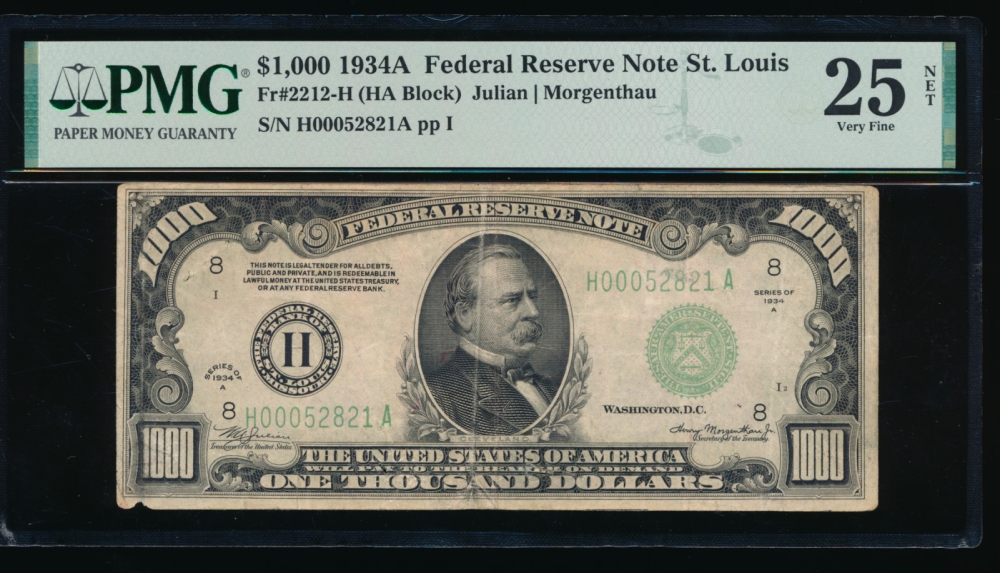 Fr. 2212-H 1934A $1,000  Federal Reserve Note Saint Louis PMG 25NET H00052821A