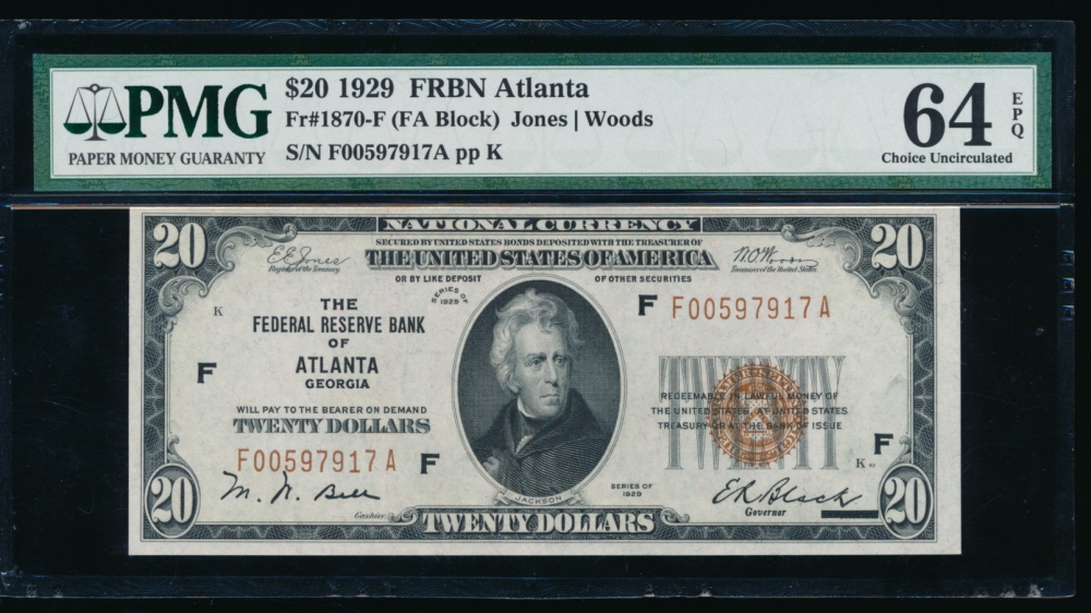 Fr. 1870-F 1929 $20  FRBN Atlanta PMG 64EPQ F00597917A