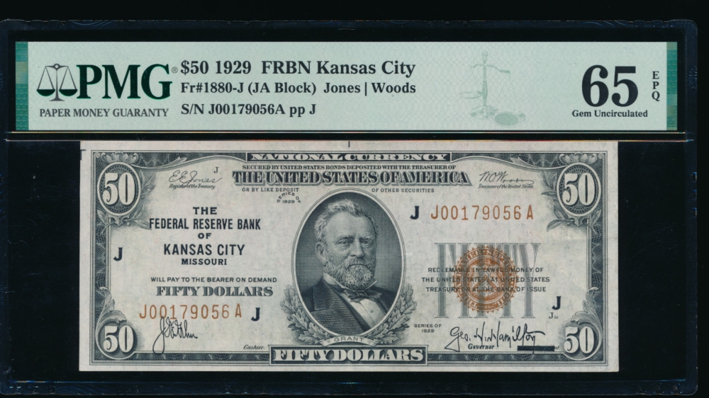 Fr. 1880-J 1929 $50  FRBN Kansas City PMG 65EPQ J00179056A