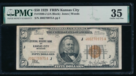 Fr. 1880-J 1929 $50  FRBN Kansas City PMG 35 J00270975A