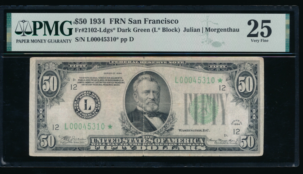 Fr. 2102-L 1934 $50  Federal Reserve Note San Francisco star PMG 25 L00045310*