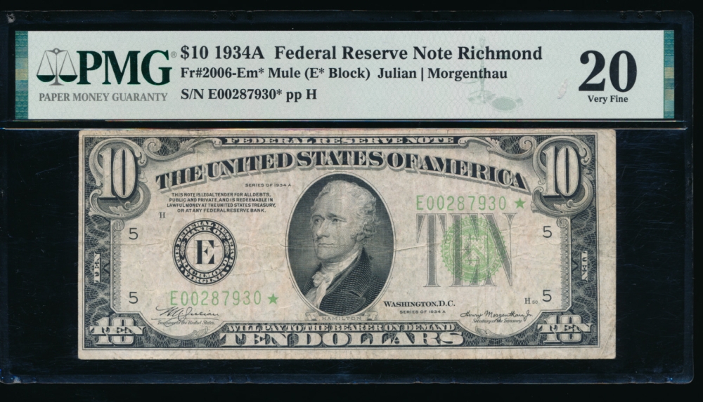 Fr. 2006-E 1934A $10  Federal Reserve Note Richmond mule star PMG 20 E00287930*