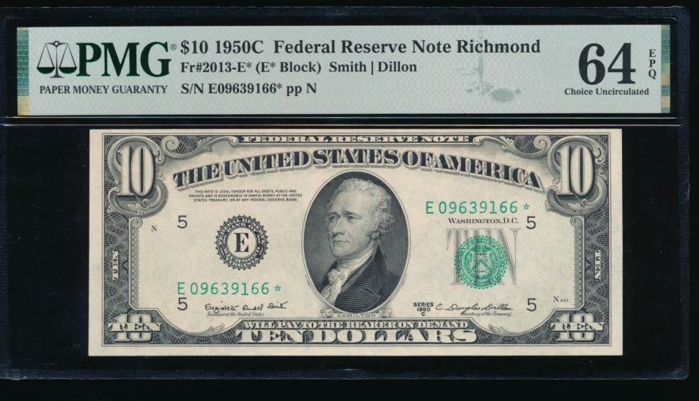 Fr. 2013-E 1950C $10  Federal Reserve Note Richmond star PMG 64EPQ E09639166*
