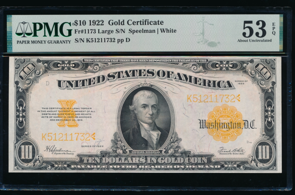 Fr. 1173 1922 $10  Gold Certificate star PMG 53EPQ K51211732