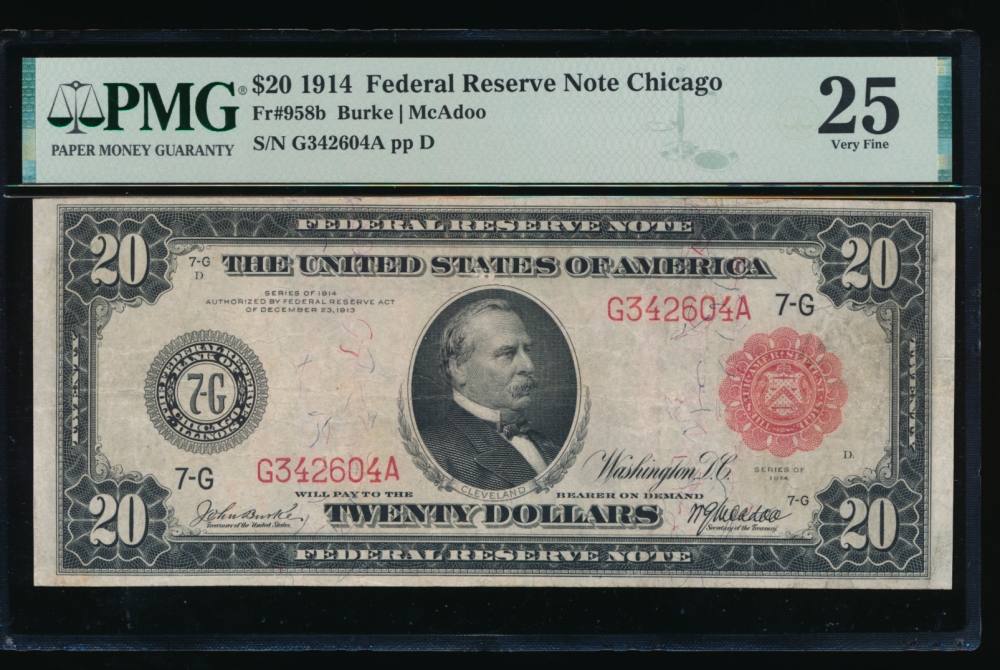 Fr. 958b 1914 $20  Federal Reserve Note Chicago red seal PMG 25 G342604A