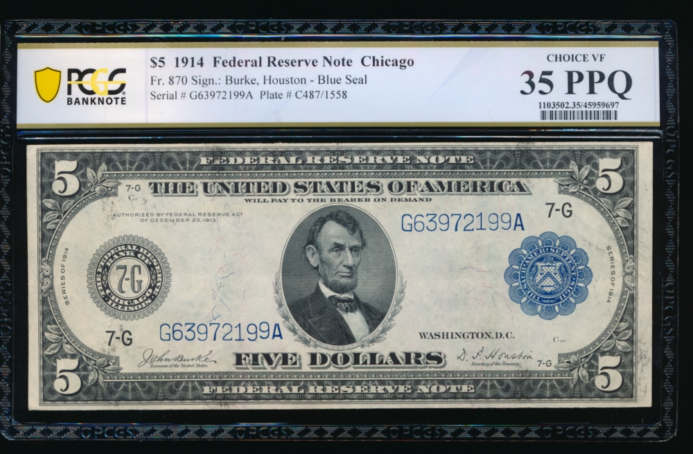 Fr. 870 1914 $5  Federal Reserve Note Chicago PCGS 35PPQ G63972199A