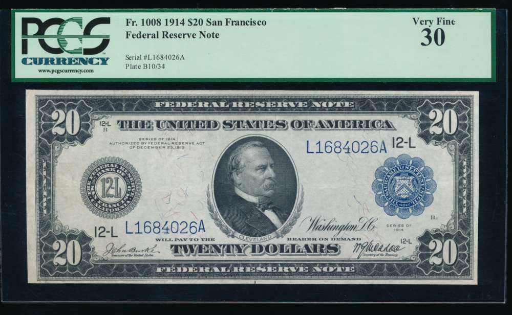 Fr. 1008 1914 $20  Federal Reserve Note San Francisco PCGS-C 30 L1684026A