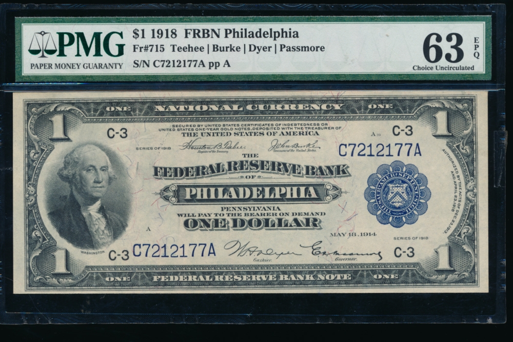 Fr. 715 1918 $1  FRBN Philadelphia PMG 63EPQ C7212177A