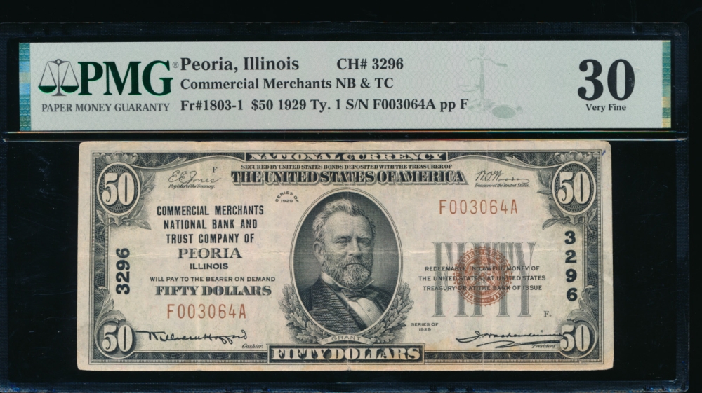 Fr. 1803-1 1929 $50  National: Type I Ch #3296 Commercial Merchants National Bank and Trust Company of Peoria, Illinois PMG 30 comment F003064A