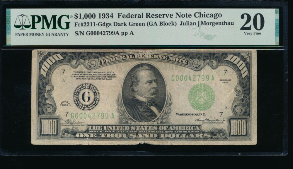 Fr. 2211-G 1934 $1,000  Federal Reserve Note Chicago PMG 20 G00042799A