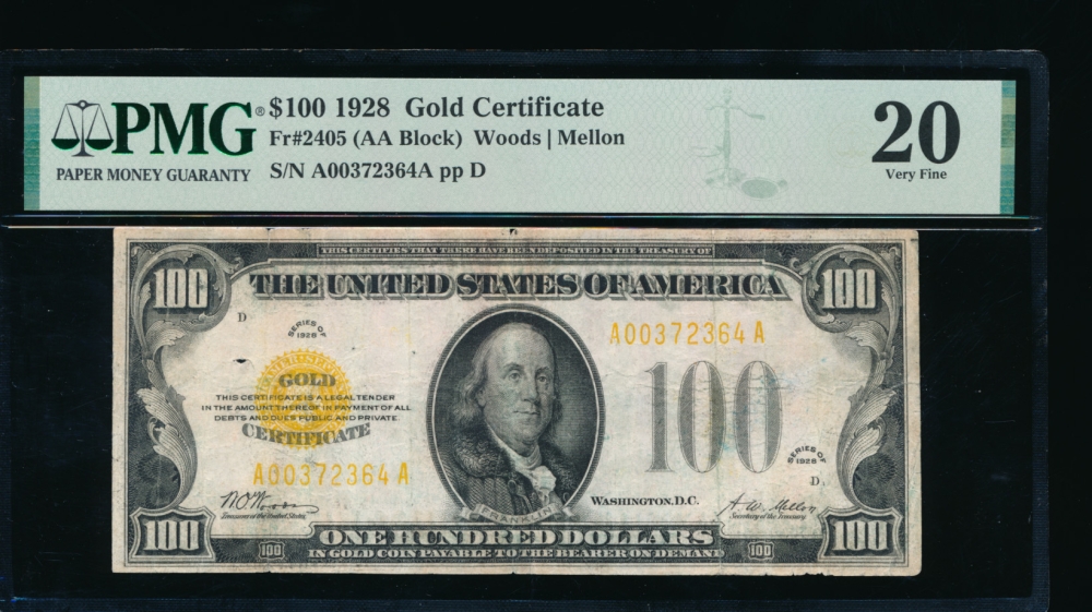 Fr. 2405 1928 $100  Gold Certificate  PMG 20 comment A00372364A