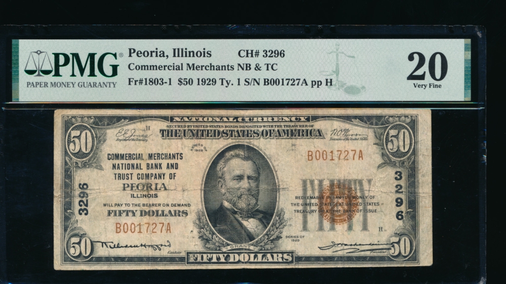 Fr. 1803-1 1929 $50  National: Type I Ch #3296 Commercial Merchants National Bank and Trust Company of Peoria, Illinois PMG 20 B001727A