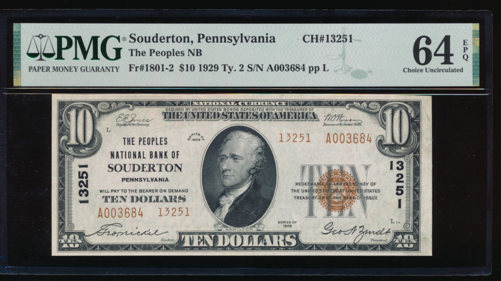 Fr. 1801-2 1929 $10  National: Type II Ch #13251 The Peoples National Bank of Souderton, Pennsylvania PMG 64EPQ A003684