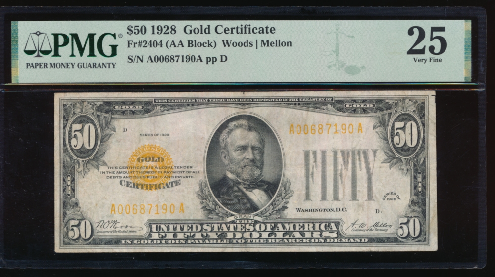 Fr. 2404 1928 $50  Gold Certificate  PMG 25 A00687190A