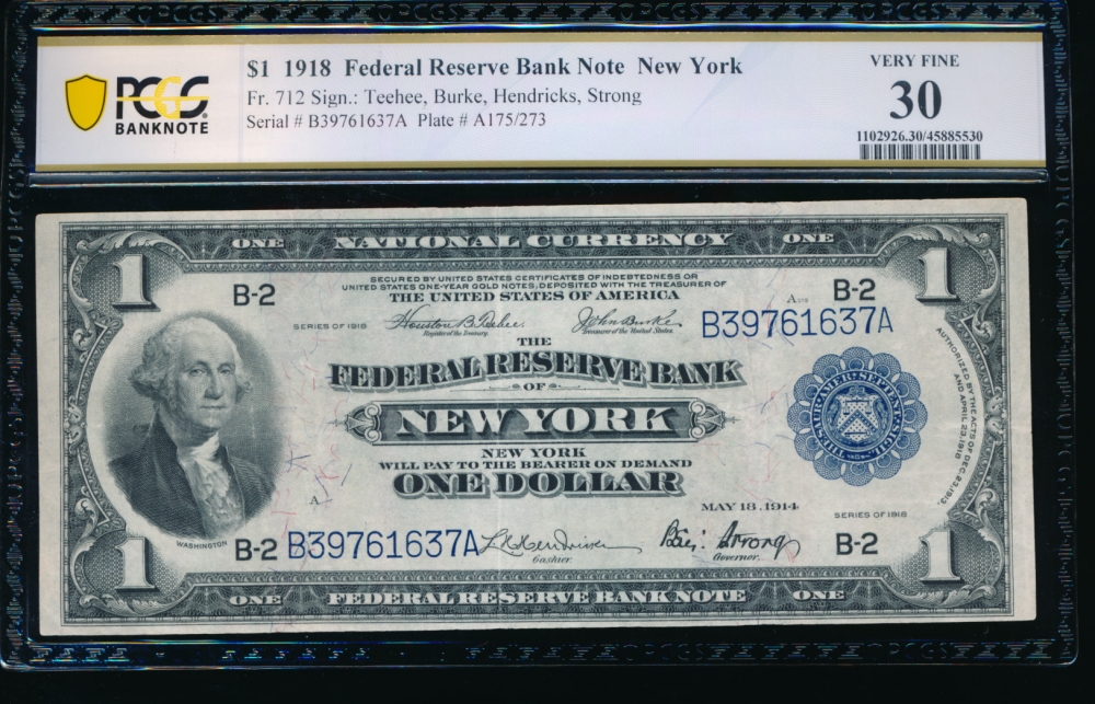 Fr. 712 1918 $1  FRBN New York PCGS 30 B39761637A
