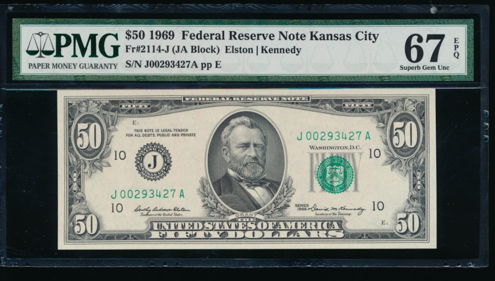 Fr. 2114-J 1969 $50  Federal Reserve Note Kansas City PMG 67EPQ J00293427A