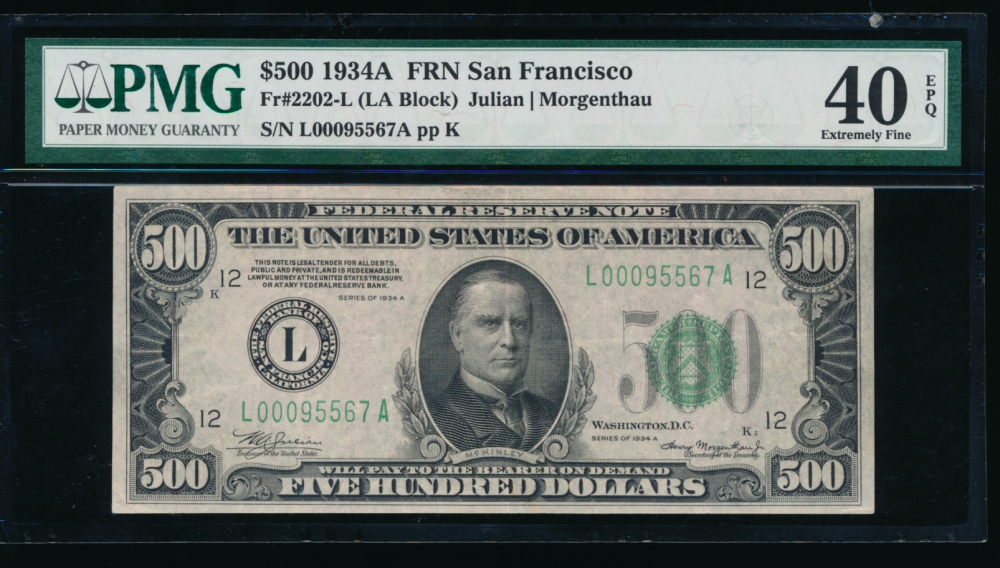 Fr. 2202-L 1934A $500  Federal Reserve Note San Francisco PMG 40EPQ L00095567A
