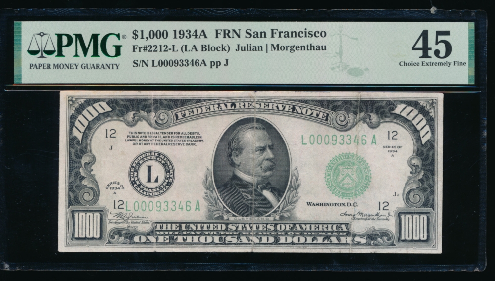Fr. 2212-L 1934A $1,000  Federal Reserve Note San Francisco PMG 45 L00093346A