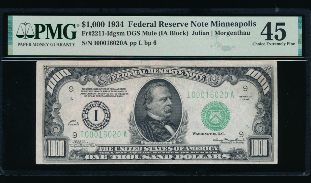 Fr. 2211-I 1934 $1,000  Federal Reserve Note Minneapolis PMG 45 I00016020A obverse