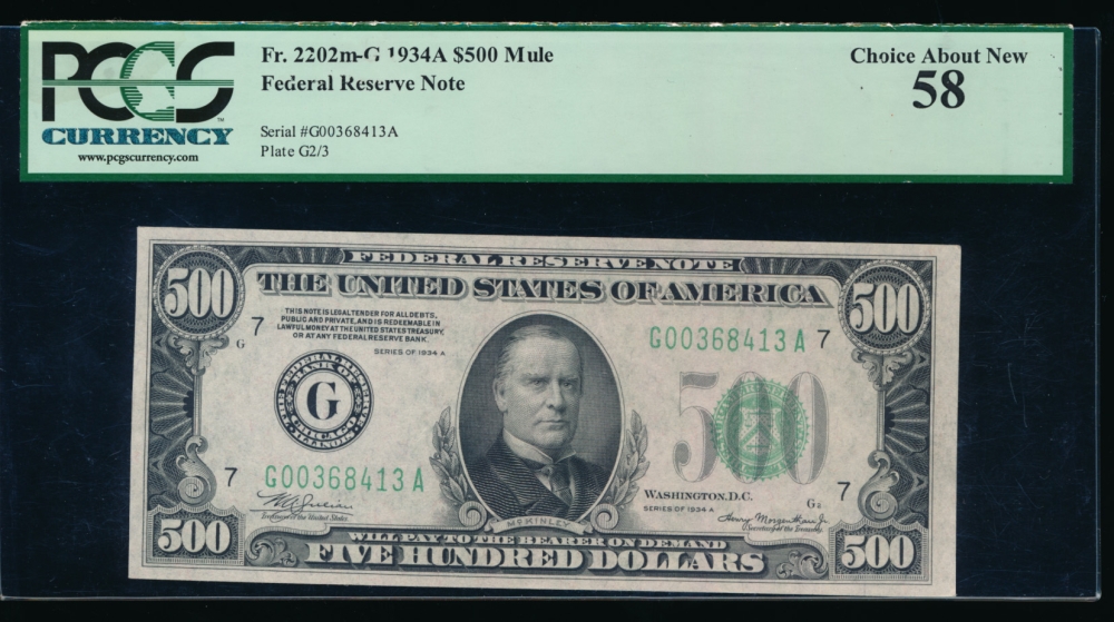 Fr. 2202-G 1934A $500  Federal Reserve Note Chicago PCGS-C 58 G00368413A