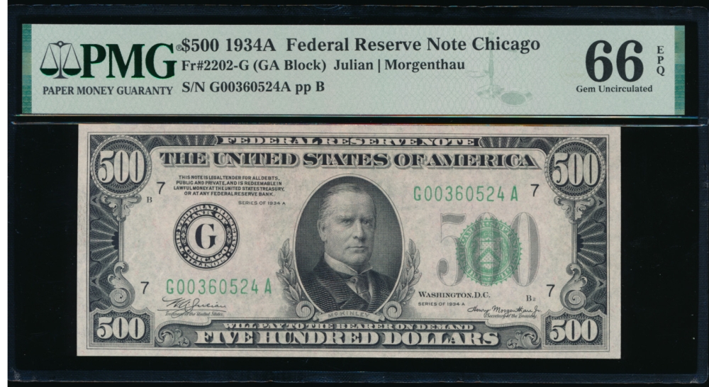 Fr. 2202-G 1934A $500  Federal Reserve Note Chicago PMG 66EPQ G00360524A