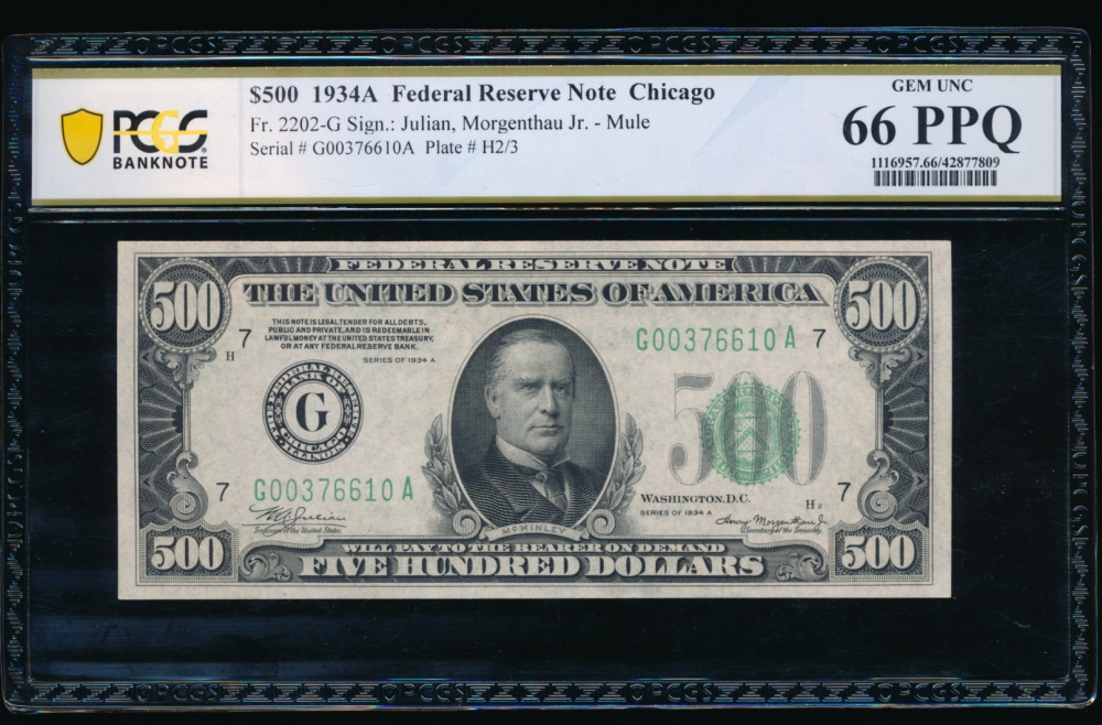 Fr. 2202-G 1934A $500  Federal Reserve Note Chicago PCGS 66PPQ G00376610A obverse